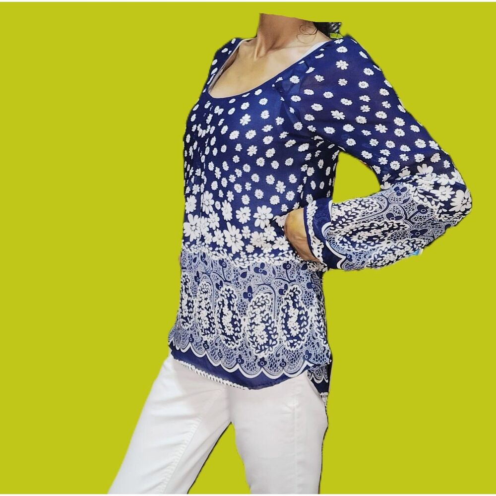 Blu Pepper Blue Sheer Floral Boho Hi-Lo Flowy Top Size Small | Open Back
